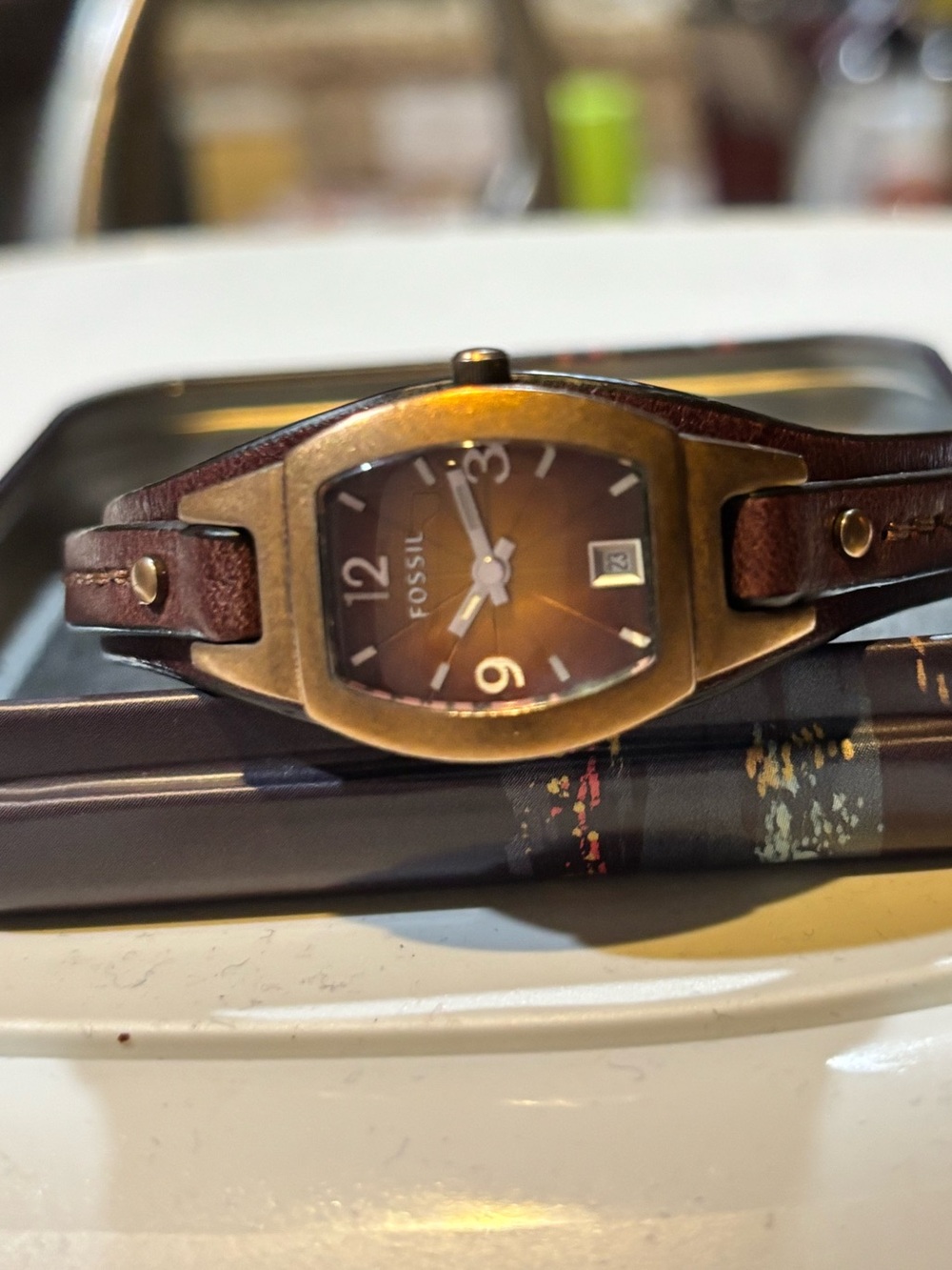 Fossil Brown Leather Strap Bronze-Tone Case Watch